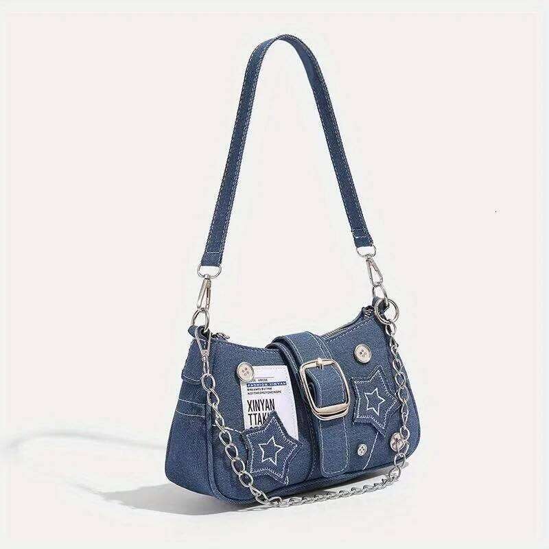 Trendy Star-Patterned Underarm Bag, Fashion Crescent Canvas Handbags with Chain Strap, Denim Handbag Shoulder Bag XJ260311