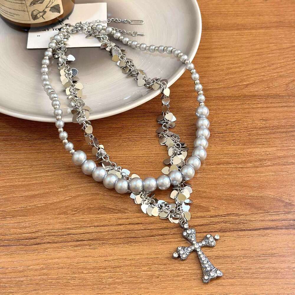 Free Shipping Cross Necklace for Women Men Jewelry Titanium Steel Double Layer Stacked Choker Grey Pearl Sequin Beaded Pendant Necklace Personality Ve