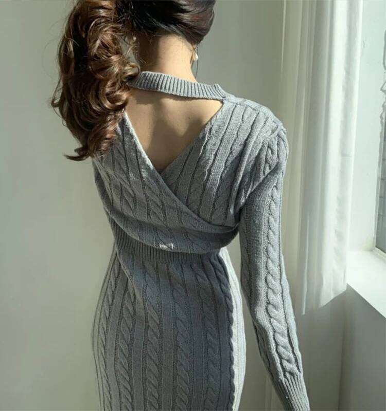 French Long Sleeve Sweater Knee Length Dress High Fork Style Thickened Paired With Knitted Dresses Women Autumn Winter Season Z260311