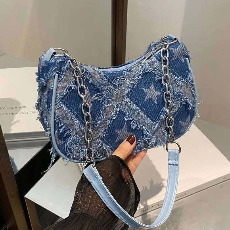 Women's Tote with Star Pattern Blue Distressed Design, Golden-Tone Hardware, Stylish Handbag Shoulder Bag for Everyday Use XJ260311