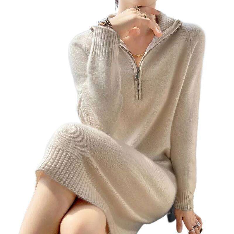 Fall/winter 100% Wool Dress Women's Long Semi-zipper Long-sleeved Knitted Cashmere Bottoming Sweater Skirt Z260311