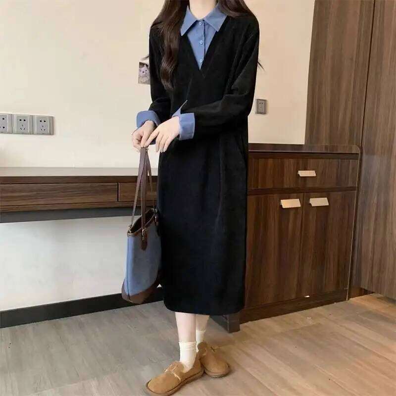 Design Sense Fake Two Items Women Autumn Lazy Wind Panelled Turn-down Collar Shirt Patchwork Loose Temperament Midi Dress Z260311
