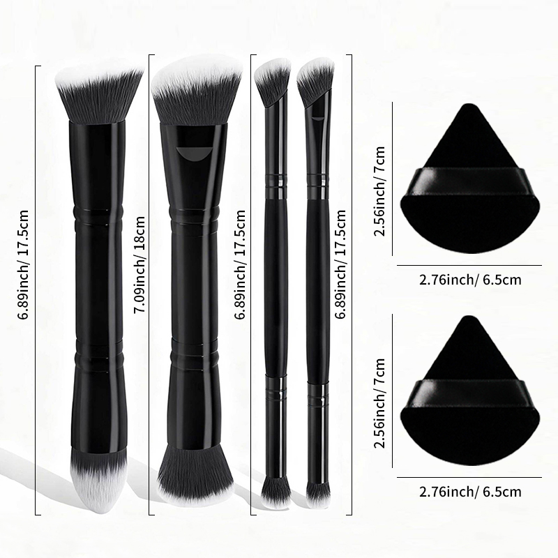 6Pcs Double-ended Multifunctional Makeup Brush & Puff Set, Black & Silver Premium Synthetic Bristles, Solid Wood Handle, Portable Dual-sided Brush, Al