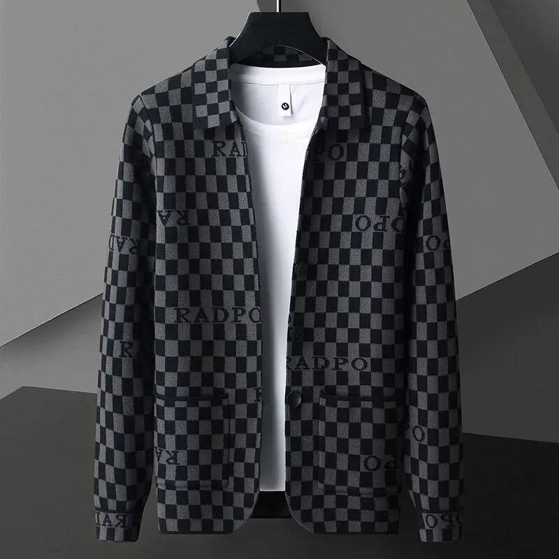 Smart English Elements Plaid Panelled Turn-down Collar New Men Coat Fashion Casual Knit Loose Pockets Cardigan Jacket