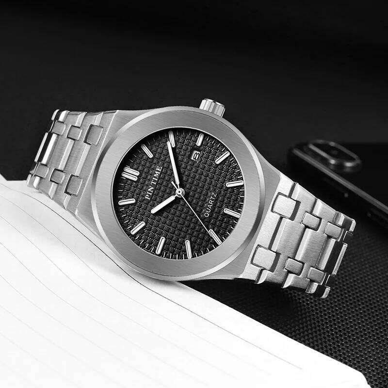 PINTIME Classic Men's Quartz Watch Elegant Simple Design Waterproof Stainless Steel Strap Couple Leisure Business Wristwatch