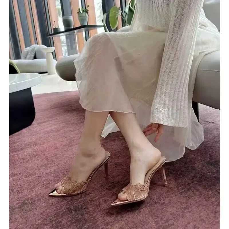 French champagne lace embroidered pointed high-heeled womens versatile sexy celebrity fish mouth stiletto sandals K260311