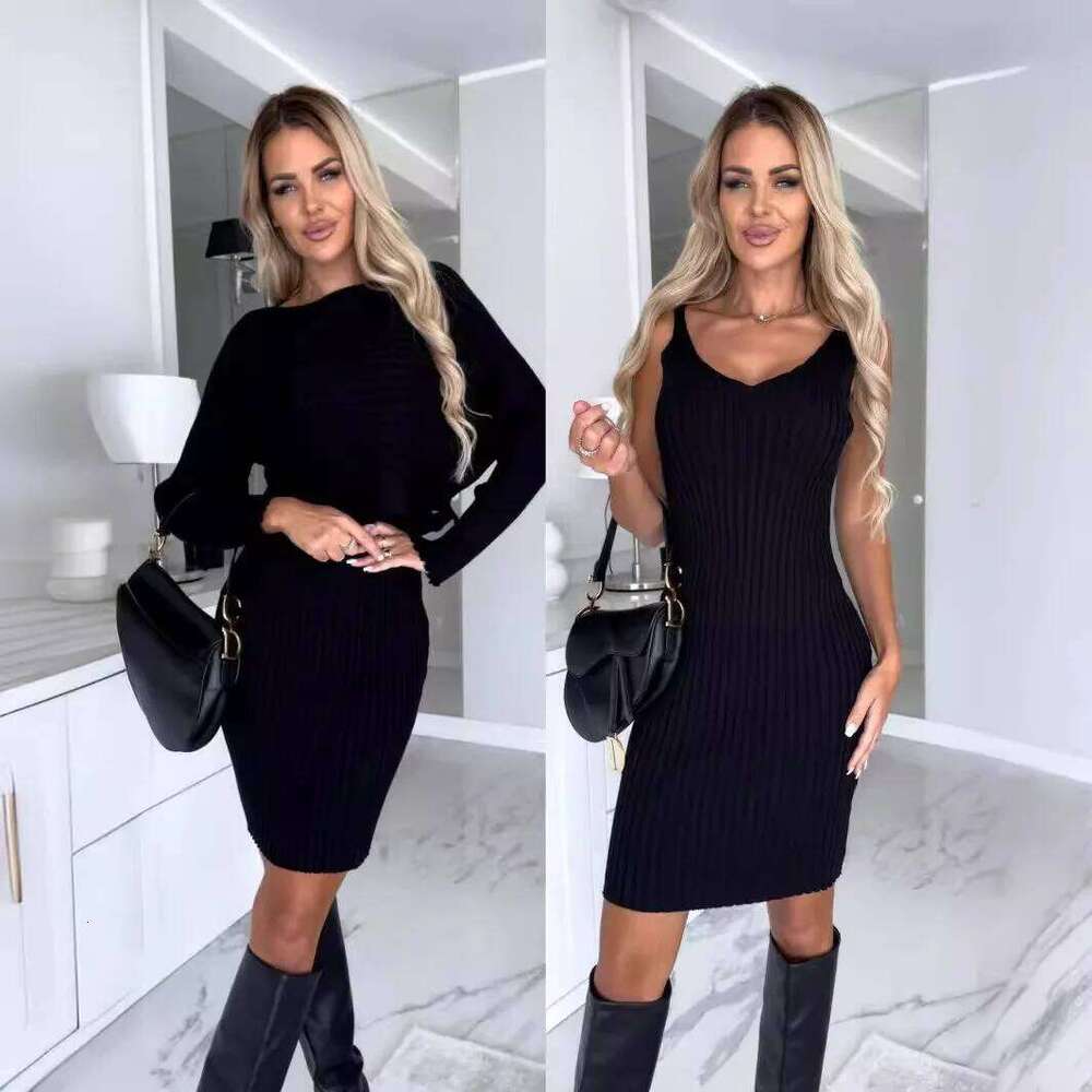 For Woman 2023 Winter Fashion Slim Fit Sexy Solid Two Piece Mid Length Women Elegant Knitted Pit Stripe Dress Vestido Z260311