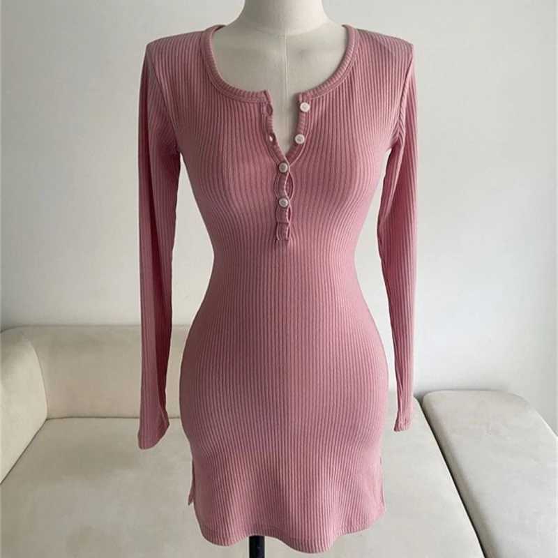 Half Open Neck Button Long Sleeve Cinching Waist Wrap Hip Slim Sexy Knit Dress Korean Version Autumn Winter New Bodycon Frock M260311