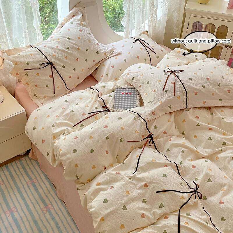 3pcs Korean style Duvet 1*Duvet Cover + 2*Pillowcase, Without Core, Cute bow Bedding Set H260311