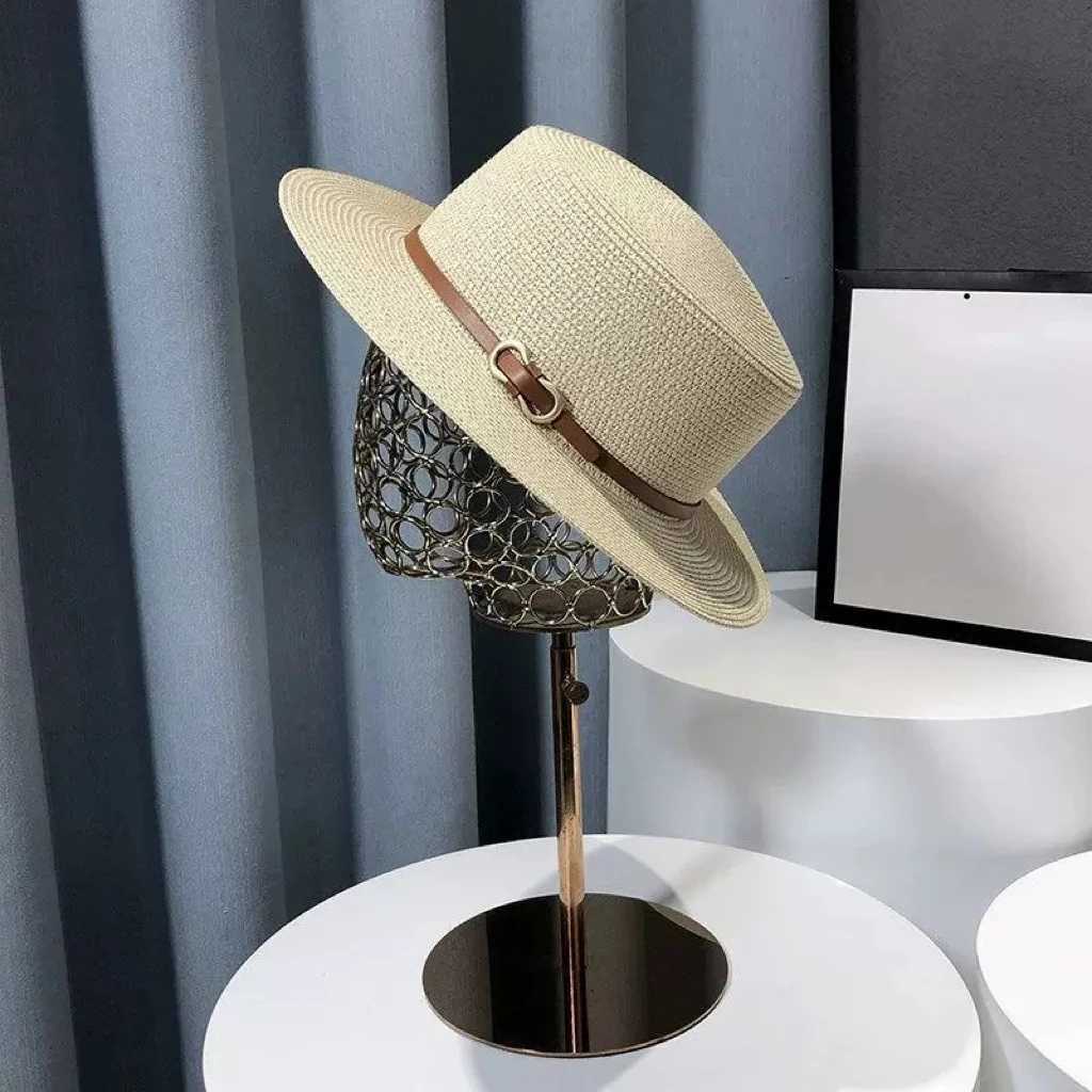 French Style Straw Sun Hat Wens Summer Flat Top Brim Adjustable UPF50 Beach Vacation Sun Protection Hat X260311