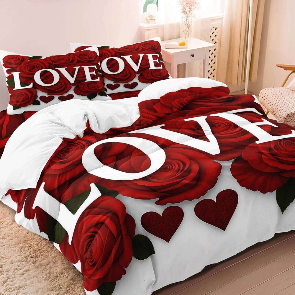 3pcs Valentine'S Day Romantic Rose Love Letter Pattern Bedding Set, Soft And Comfortable Duvet Cover Bedroom H260311