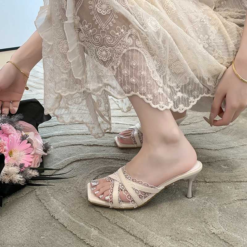 Summer Chic Ladies Mule Shoes Female Versatile Sexy Fashion Women Open-toe Lace Band Women High Heels Fashion K260311