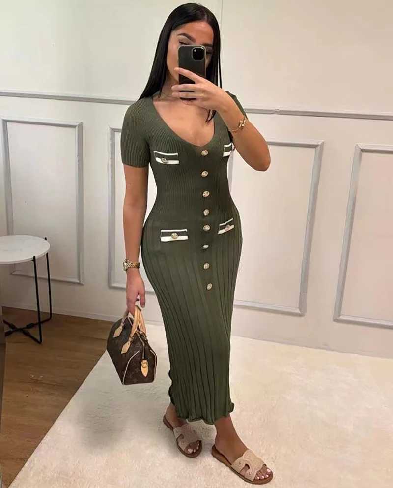 2024 Summer Women Elegant Knitted Long Dress Fashion V-neck Single Breast Sweater Maxi Vetsidos for Women Bodycon Streetwear M260311