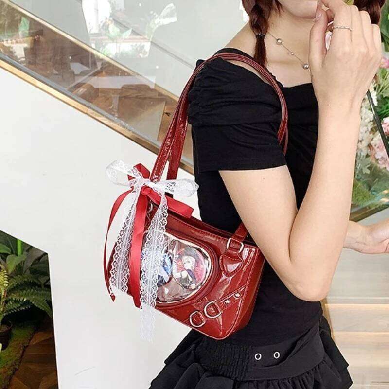 Japanese Style Love Transparent Girls Ita Shoulder Bags JK PU Leather Women Small Handbag Belt Badge Display Female Underarm Bag XJ260311