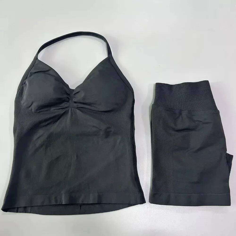 Sexy Halter Neck Beautiful High Waist Peach Sports Bras Shorts Suit Pilates Gathering Yoga Vest Training Fitness Bra Sets 26H0311