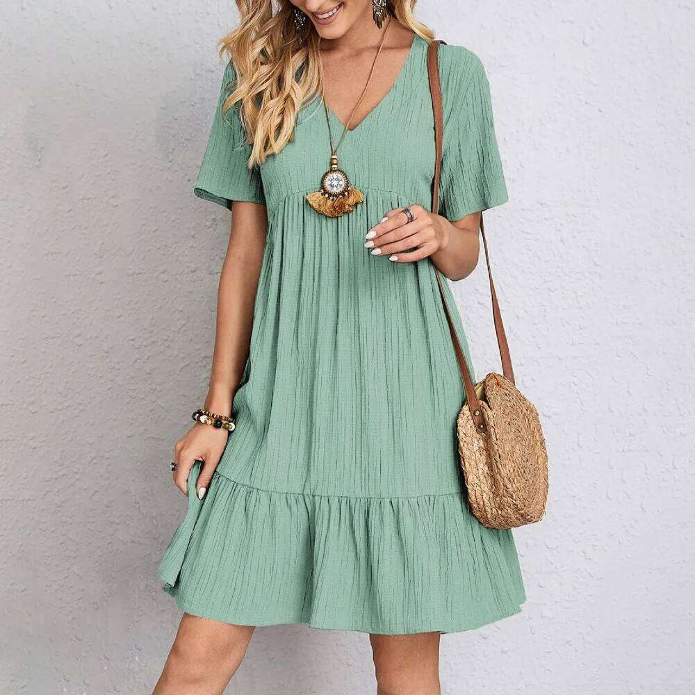 2025 Summer European and American Women's Loose Casual Short Sleeve Waist-tied Flowing Dress Z260311