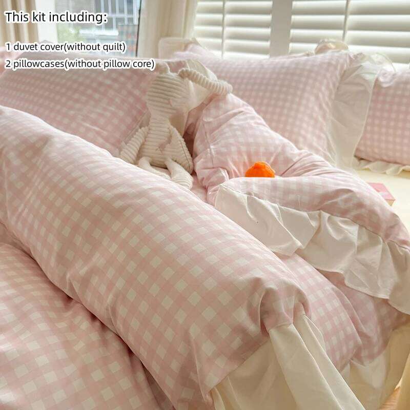 3pcs Korean lace Duvet 1*Duvet Cover + 2*Pillowcase, Without Core, Pink checkered print Bedding Set H260311