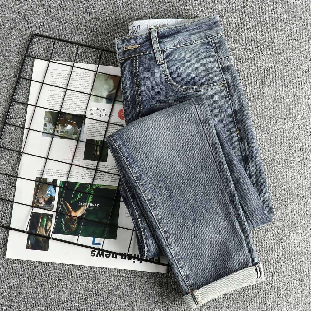Knitted fabric simple embroidery embellished vintage jeans men slim feet spring summer youth long pants Z260225