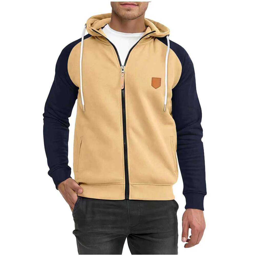 Men's color matching sports fleece cardigan cotton blend, men's sweater casual breathable hooded jacket 26H0311
