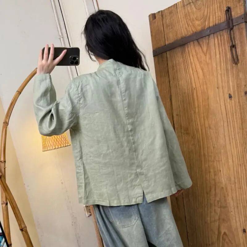 New Arrival Spring Arts Style Women Long Sleeve Stand Collar Loose Shirt Vintage Single Breasted Cotton Linen Casual Blouse Tops