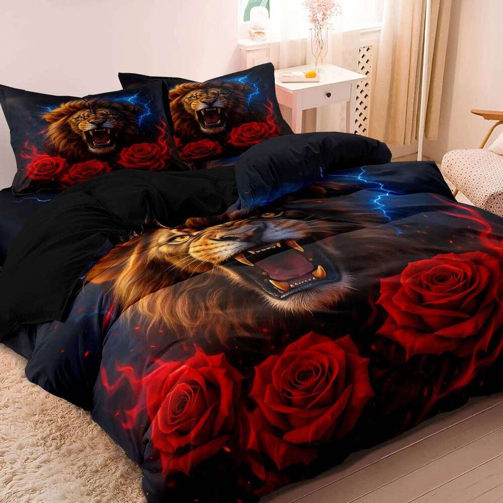 3pcs Set, Valentine'S Day Romantic Wolf & Rose Print Duvet Cover Soft Comfortable Bedding Set for Home Bedroom H260311