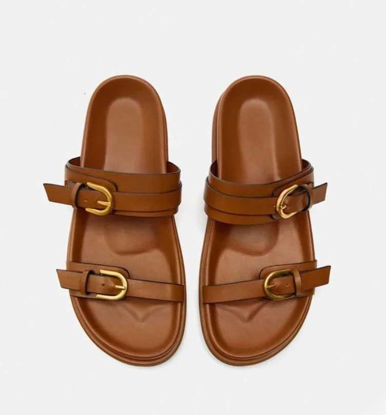 Woman Black Flat Slingback Shoes Female Summer Straps Round Toe Shoes 2025 Womens Sandals Metal Flat Sandals K260311