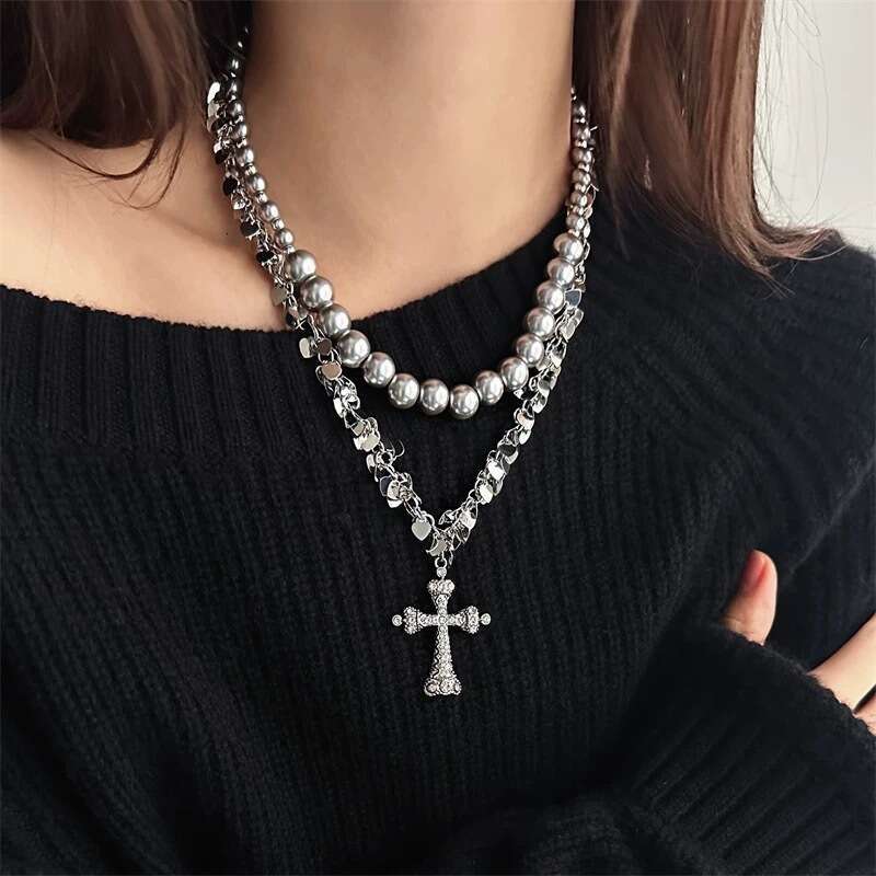 Free Shipping Cross Necklace for Women Men Jewelry Titanium Steel Double Layer Stacked Choker Grey Pearl Sequin Beaded Pendant Necklace Personality Ve