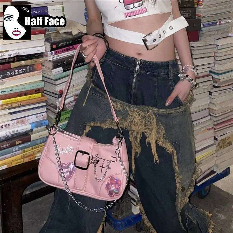 Y2K Spicy Girls Harajuku Women's Gothic Pink Punk One Shoulder Advanced Underarm Lolita Chain Design Crossbody Bags Tote XJ260311