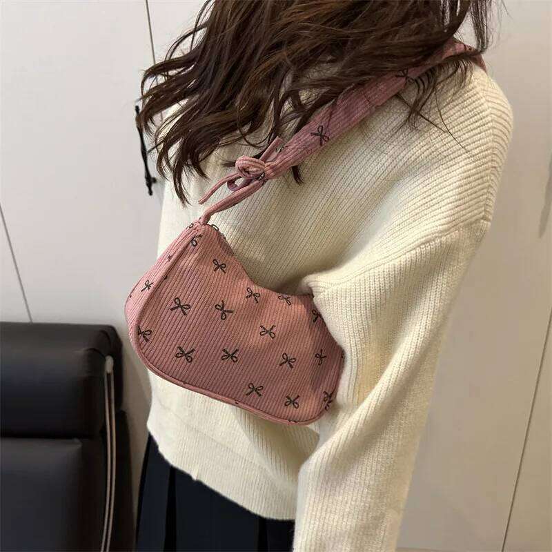 Casual Bow Women Corduroy Shoulder Bags Lightweight Portable Ladies Underarm Bag Saimple Female Pleated Strap Handbags Purse XJ260311