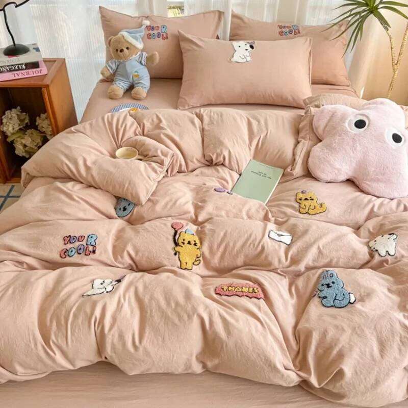 New washed cotton towel embroidery four-piece animal paradise sheet bed hat home student dormitory three-piece set H260311