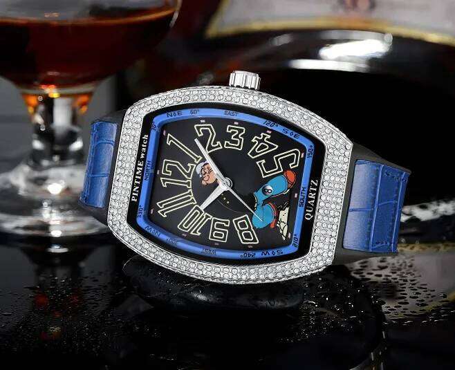Fashion Men Moissanite Diamond Watch Shinning Iced Out Quartz Analog Waterproof Wristwatch Leather Band