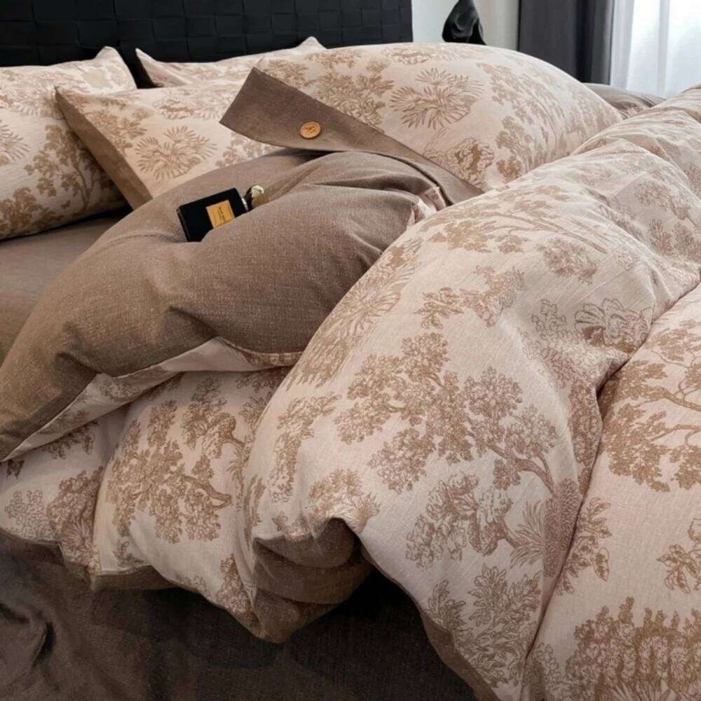 Plant Print A-Class Linen Bedding Button Four Piece Set Thicken Duvet Cover Bed Sheet Pillowcases Bedroom Decor Home Textile H260311 - view 4
