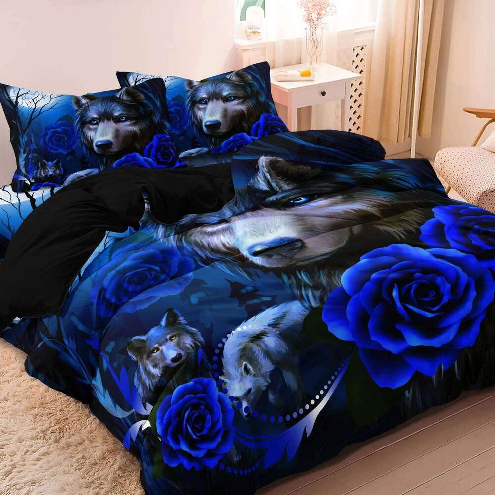 3pcs Set, Valentine'S Day Romantic Wolf & Rose Print Duvet Cover Soft Comfortable Bedding Set for Home Bedroom H260311