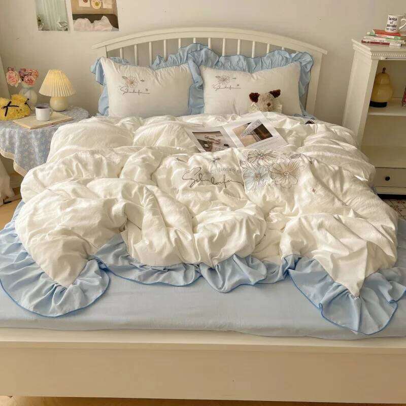 2025 new lace embroidery small fresh and cute girl heart four-piece set washed cotton summer sheet quilt cover bed hat H260311 - view 3