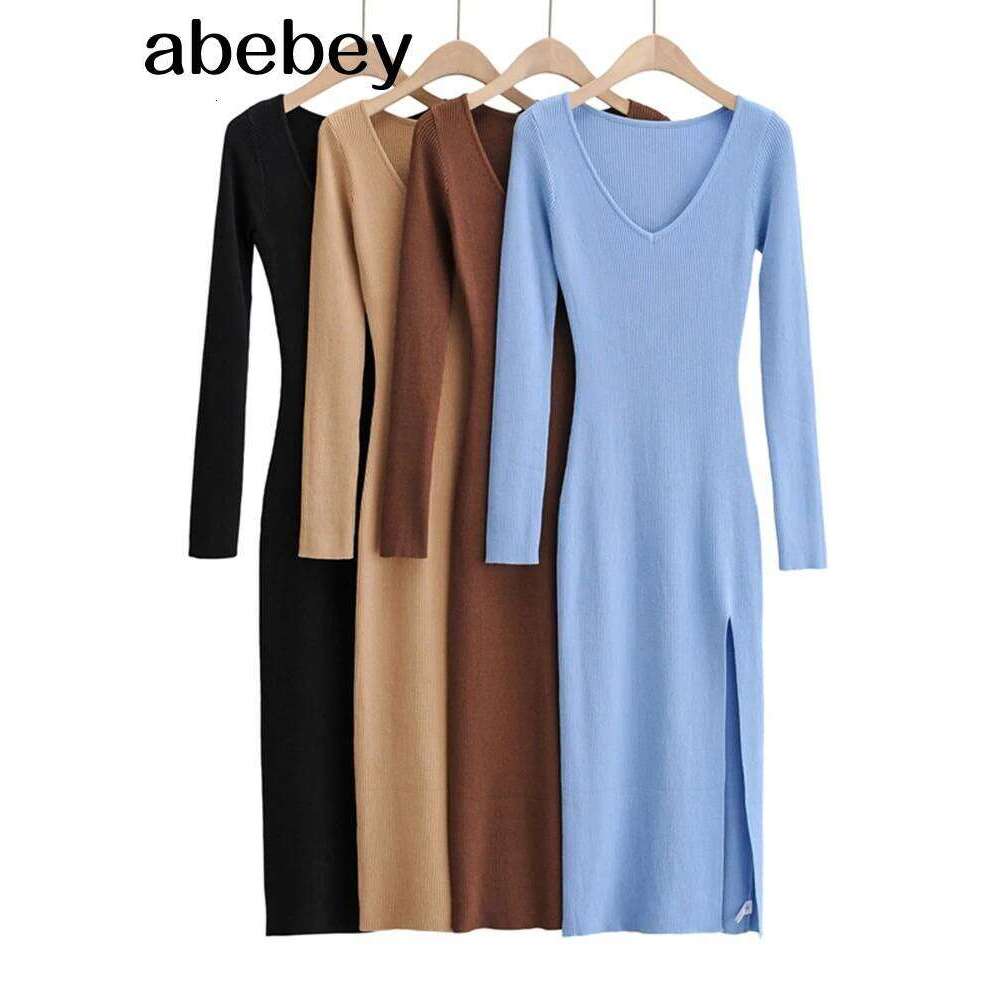 2026 New Basic Fashion Women Elastic Solid Elegant V Neck Sweater Sleeve Ladies Side Open Midi Long Dress Z260311