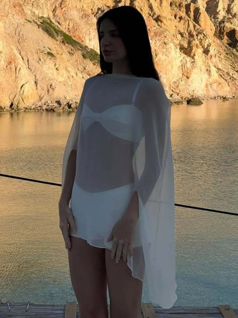 Woman Clothes See-through Chiffon Blouses Sexy Fashion Solid Cover-ups Ladies Elegant Night Club Tops White Black Streetwear 260310