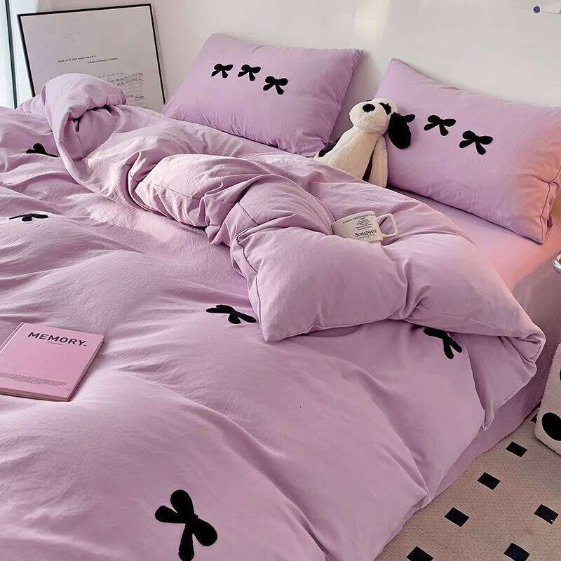 Bow-knot Duvet 3pcs Microfiber Soft Bedding Set Simple Purple Comforter Girly Bedroom Quilt Cover with 2 Pillowcases H260311