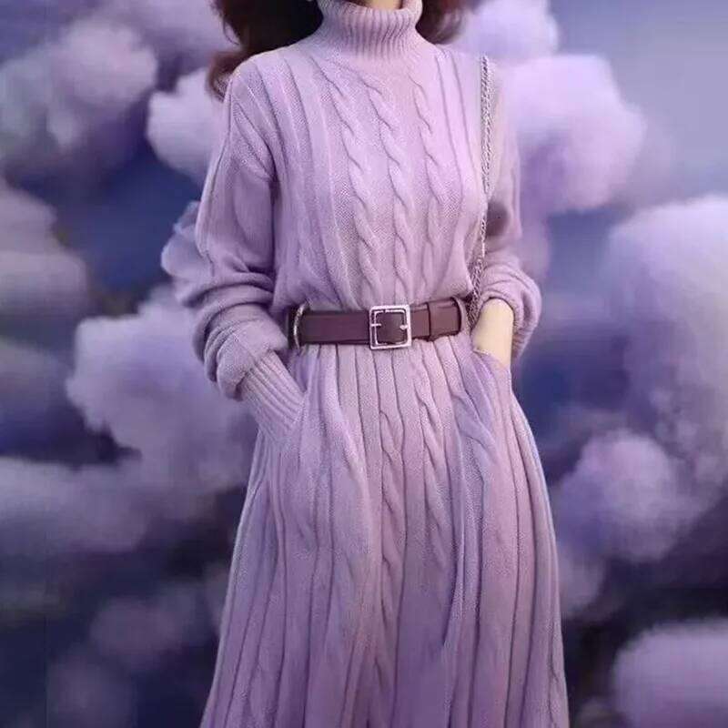 High Collar Strand Knitted Dresses Women's Chic Y2K High-End Sense Medium Wear Sweater Base Long Dress 2025 Autumn Winter New Z260311