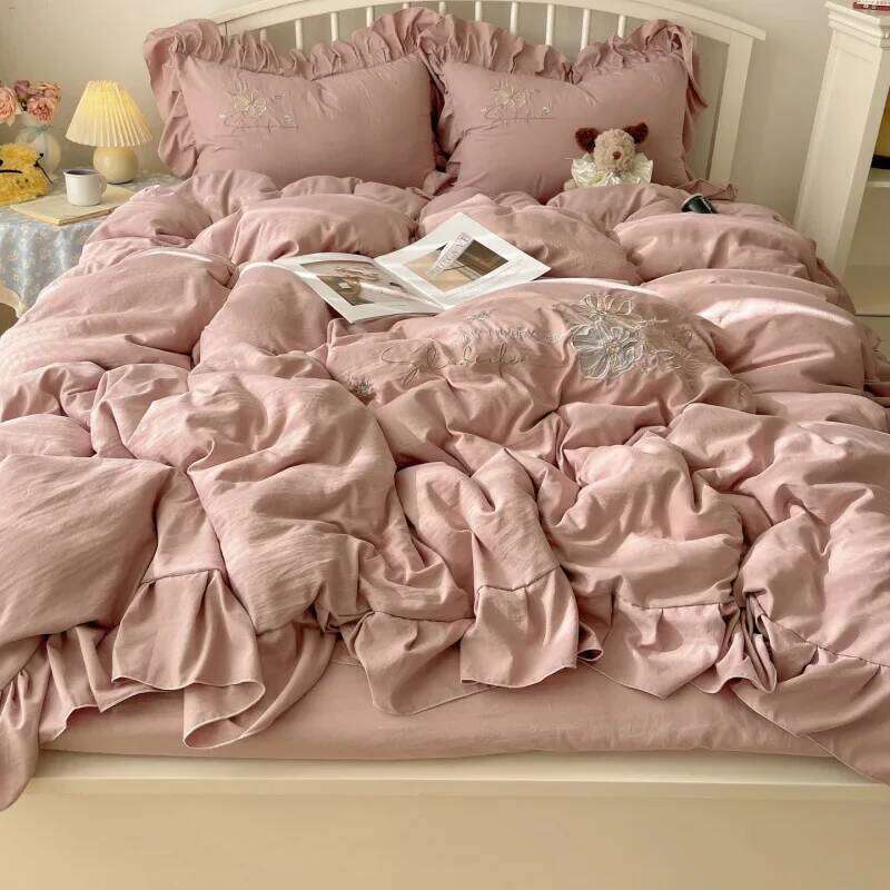 2025 new lace embroidery small fresh and cute girl heart four-piece set washed cotton summer sheet quilt cover bed hat H260311