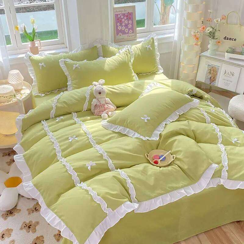 Kawaii Korean Bedding Sets No Filling Ins Princess Style Lace Bow Duvet Cover Fitted Sheet Girl Woman Home Bedroom Bed Linens H260311