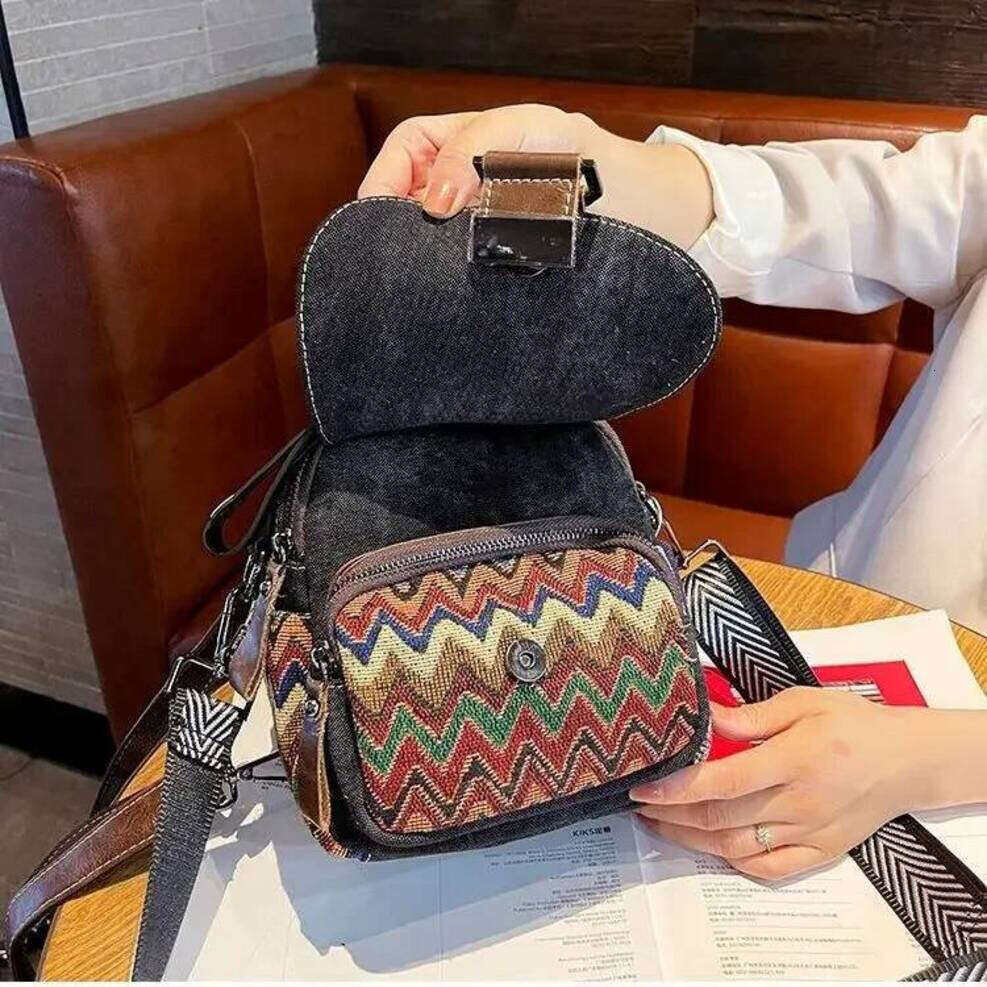 OLOEY Denim Small Backpack New Contrast Color Women Bag Retro Ethnic Style Embroidered Multifunctional Bagpack Crossbody Bolsa