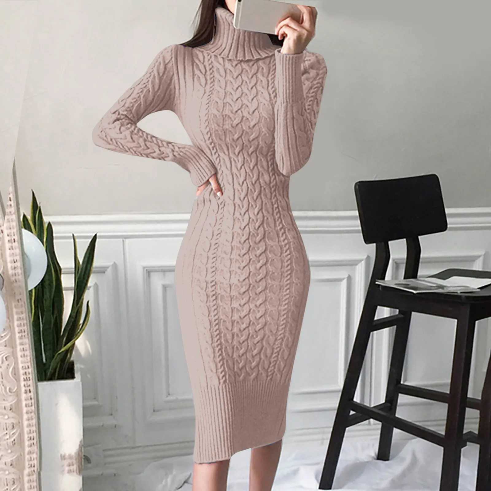 Autumn and Winter Womens Long Sleeve Turtleneck Sweater Dresses Warm Knitted Bodycon Pullovers Jumper Dresses Vestidos Largos M260311