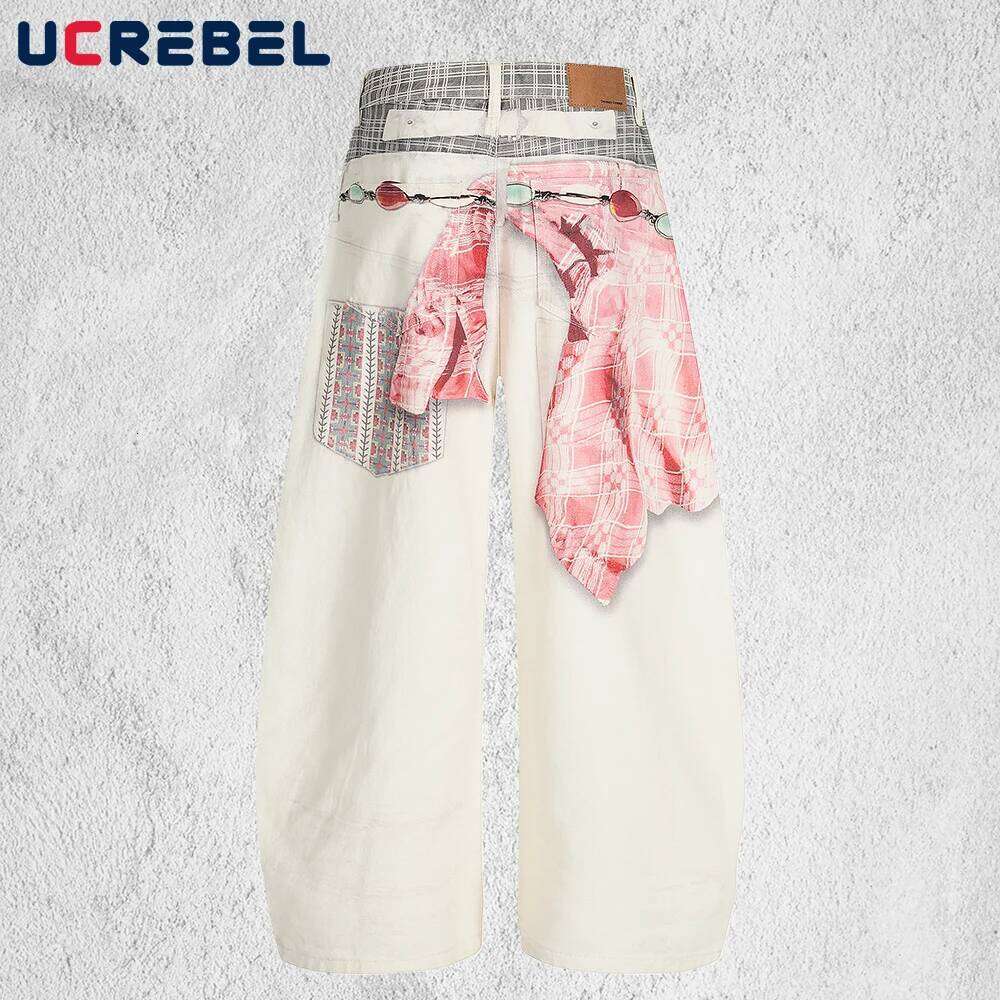 Hip Hop Print Jeans Mens Pocket High Street Baggy Wide Leg Denim Banana Pants Man Trousers Z260225