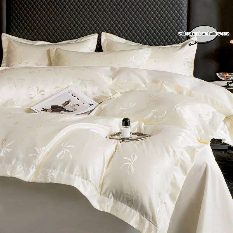 3pcs Cream color Duvet 1*Duvet Cover + 2*Pillowcase, Without Core, bow jacquard Bedding Set H260311