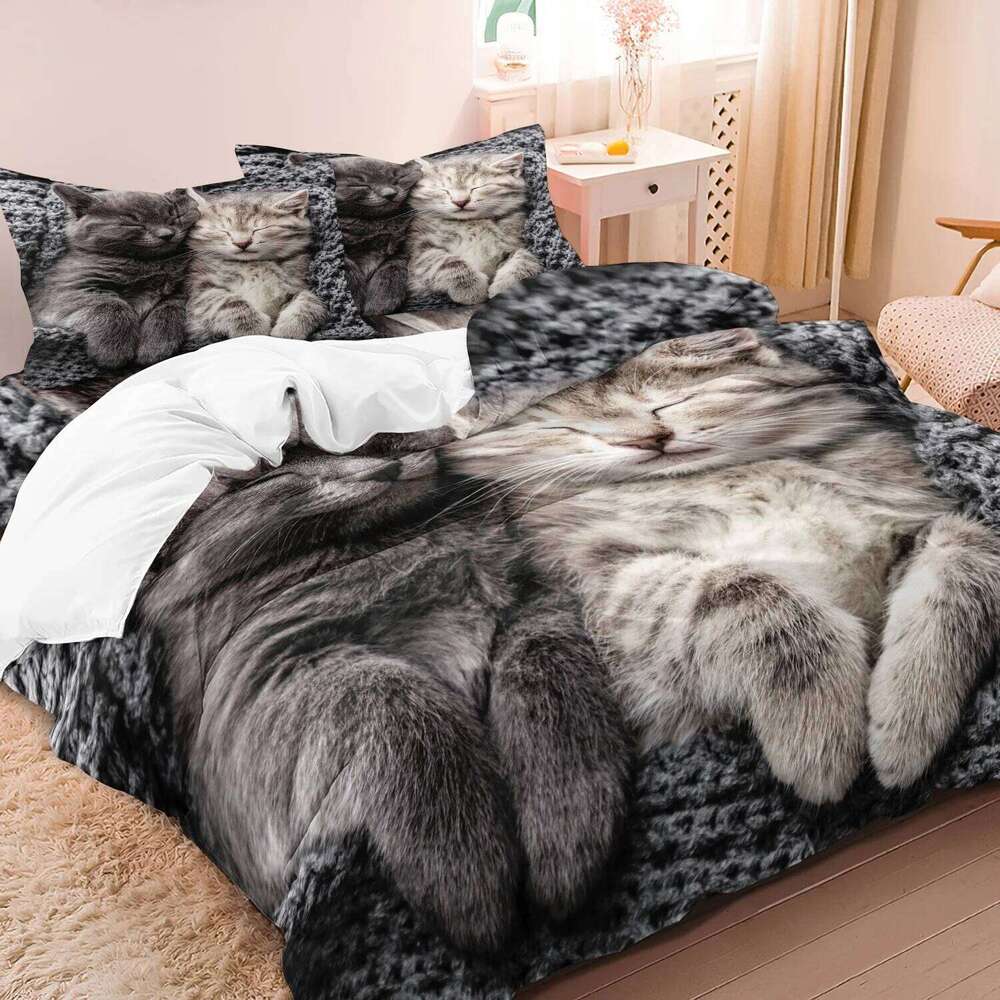 3pcs Romantic Valentine'S Day High-Grade Couple Cat Print Bedding Set, SoftComfortable Bed Duvet Cover H260311