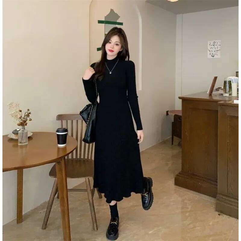 Autumn Winter Thickened Bottoming Knitted Dress Slimming Above the Knee Matching Coat Half-turtleneck Sweater Skirt Z260311