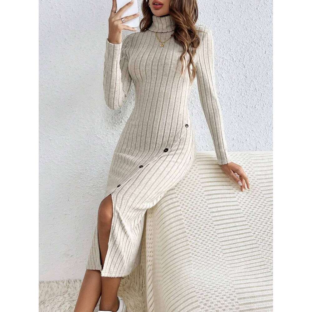 French High Collar Hollow out Side Split Ribbed Dress Elegant Classy Style Women's Fashion Z260311