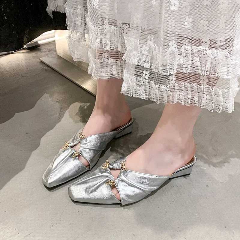 Women Metal Fringe Flock Shoes Front Closed Toe Khaki Slide For Small And Wide Feet 35-42 Comfortable K260311
