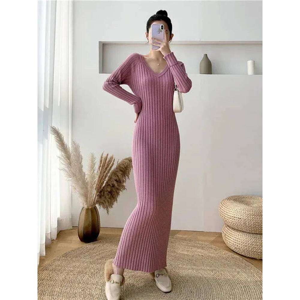 Zoki Elegant Solid Women Knitted Simple Korean Slim Long Sleeve Ankle Length Casual V Neck Office Ladies Chic Dress Z260311