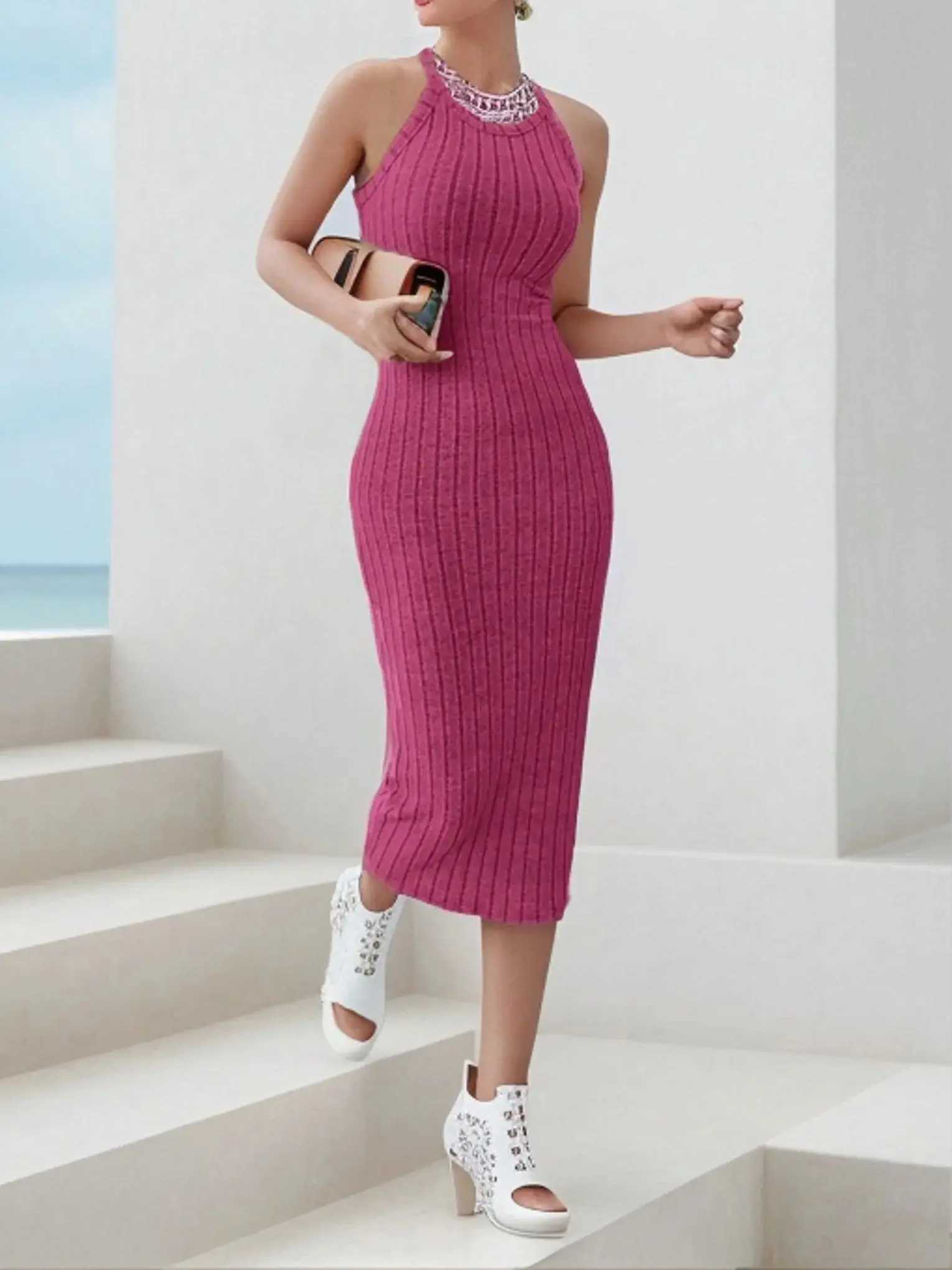 Solid Halter NeCK Bodycon Midi Dress temperament vEST halter dress womens summer new high-waist slim temperament slim M260311